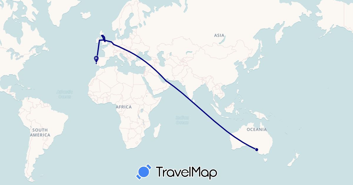 TravelMap itinerary: driving in United Arab Emirates, Austria, Australia, Germany, United Kingdom, Ireland, Netherlands, Portugal (Asia, Europe, Oceania)